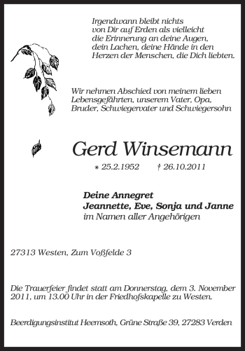 Traueranzeige von Gerd Winsemann von KREISZEITUNG SYKE