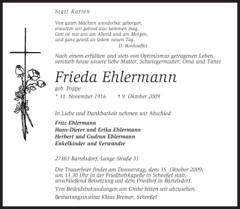 Traueranzeige von Frieda Ehlermann von KREISZEITUNG SYKE