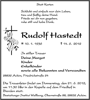 Traueranzeige von Rudolf Hastedt von KREISZEITUNG SYKE