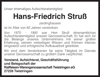 Traueranzeige von Hans-Friedrich Struß von KREISZEITUNG SYKE