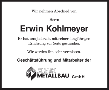 Traueranzeige von Erwin Kohlmeyer von KREISZEITUNG SYKE