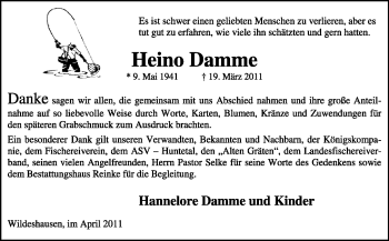 Traueranzeige von Heino Damme von KREISZEITUNG SYKE