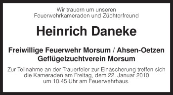 Traueranzeige von Heinrich Daneke von KREISZEITUNG SYKE