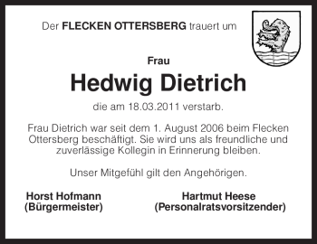 Traueranzeige von Hedwig Dietrich von KREISZEITUNG SYKE