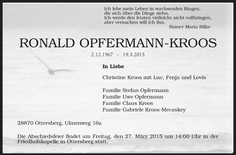  Traueranzeige für Ronald Opfermann-Kroos vom 25.03.2015 aus KRZ