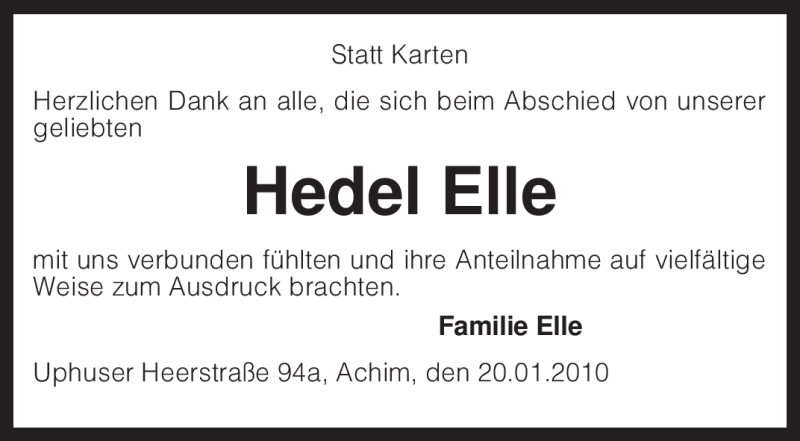 Traueranzeige für Hedel Elle vom 20.01.2010 aus KREISZEITUNG SYKE