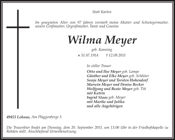 Traueranzeige von Wilma Meyer von KREISZEITUNG SYKE