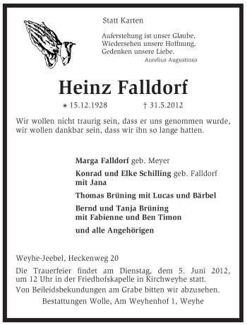 Traueranzeige von Heinz Falldorf von KREISZEITUNG SYKE