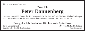 Traueranzeige von Peter Dannenberg von KREISZEITUNG SYKE