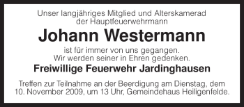 Traueranzeige von Johann Westermann von KREISZEITUNG SYKE