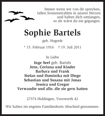 Traueranzeige von Sophie Bartels von KREISZEITUNG SYKE