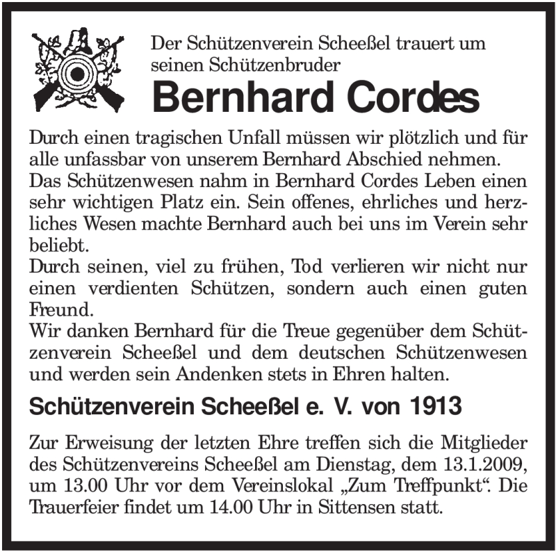  Traueranzeige für Bernhard Cordes vom 10.01.2009 aus KREISZEITUNG SYKE