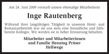 Traueranzeige von Inge Rautenberg von KREISZEITUNG SYKE