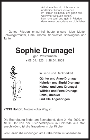 Traueranzeige von Sophie Drunagel von KREISZEITUNG SYKE