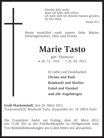 Traueranzeige von Marie Tasto von KREISZEITUNG SYKE