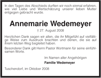 Traueranzeige von Annemarie Wedemeyer von KREISZEITUNG SYKE