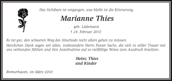 Traueranzeige von Marianne Thies von KREISZEITUNG SYKE