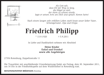 Traueranzeige von Friedrich Philipp von KREISZEITUNG SYKE