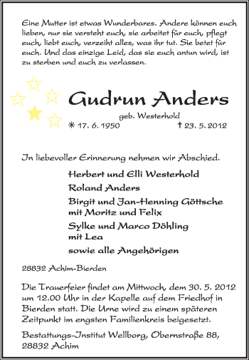 Traueranzeige von Gudrun Anders von KREISZEITUNG SYKE