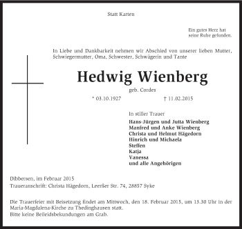 Traueranzeige von Hedwig Wienberg von KRZ