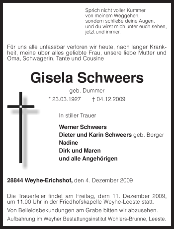 Traueranzeige von Gisela Schweers von KREISZEITUNG SYKE