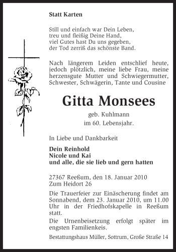 Traueranzeige von Gitta Monsees von KREISZEITUNG SYKE