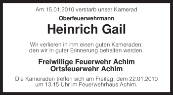 Traueranzeige von Heinrich Gail von KREISZEITUNG SYKE