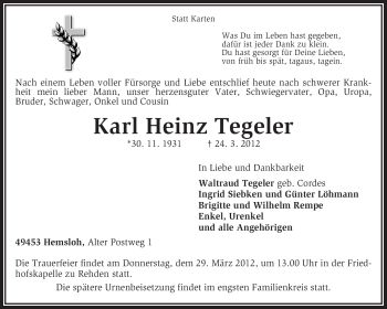 Traueranzeige von Karl Heinz Tegeler von KREISZEITUNG SYKE