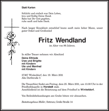 Traueranzeige von Fritz Wendland von KREISZEITUNG SYKE