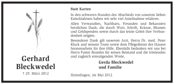 Traueranzeige von Gerhard Bleckwedel von KREISZEITUNG SYKE