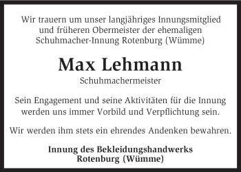 Traueranzeige von Max Lehmann von KREISZEITUNG SYKE