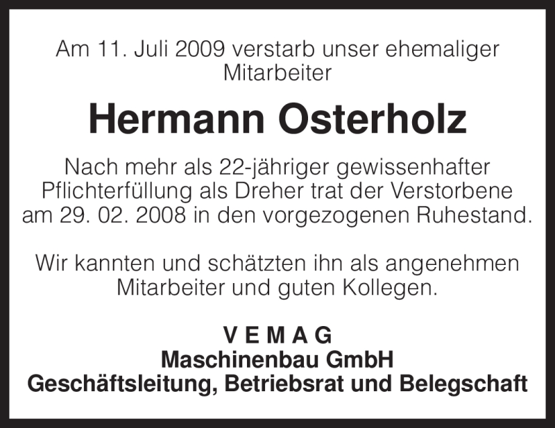  Traueranzeige für Hermann Osterholz vom 18.07.2009 aus KREISZEITUNG SYKE