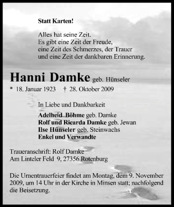 Traueranzeige von Hanni Damke 