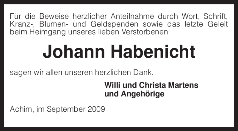  Traueranzeige für Johann Habenicht vom 19.09.2009 aus KREISZEITUNG SYKE