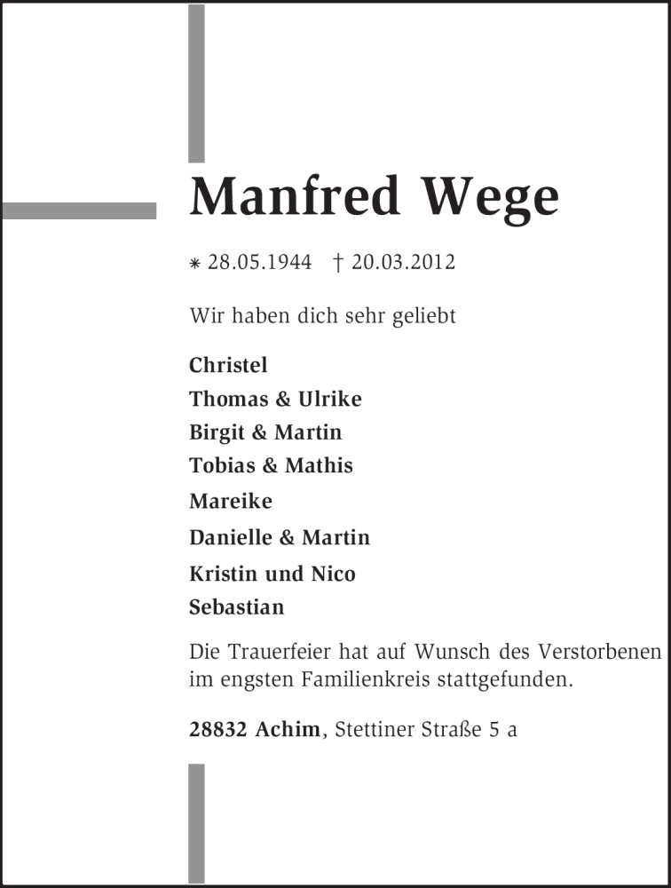  Traueranzeige für Manfred Wege vom 27.03.2012 aus KREISZEITUNG SYKE