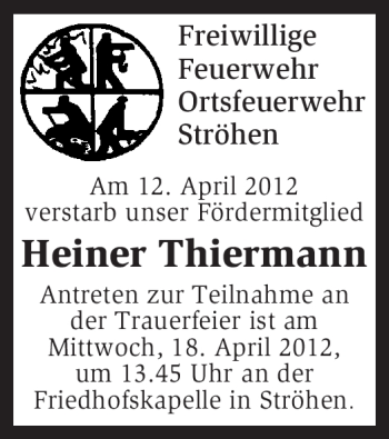 Traueranzeige von Heiner Thiermann von KREISZEITUNG SYKE