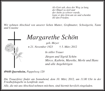 Traueranzeige von Margarethe Schön von KREISZEITUNG SYKE