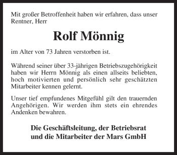 Traueranzeige von Rolf Mönnig von KREISZEITUNG SYKE