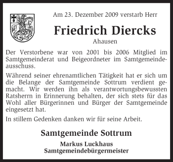 Traueranzeige von Friedrich Diercks von KREISZEITUNG SYKE