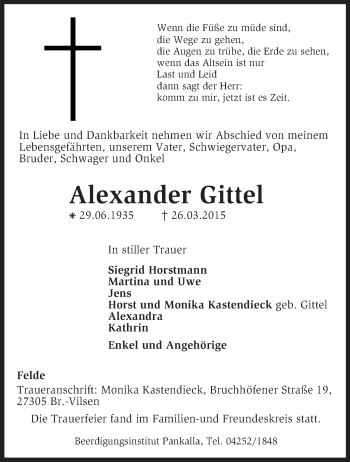 Traueranzeige von Alexander Gittel von KRZ