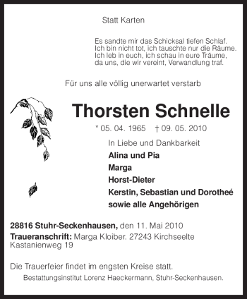 Traueranzeige von Thorsten Schnelle von KREISZEITUNG SYKE