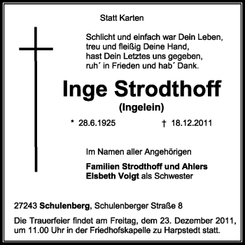 Traueranzeige von Inge Strodthoff von KREISZEITUNG SYKE