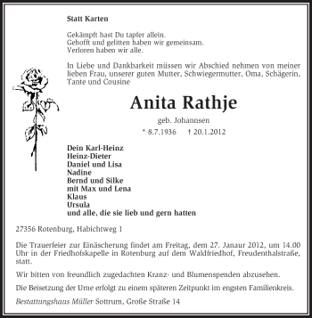 Traueranzeige von Anita Rathje von KREISZEITUNG SYKE
