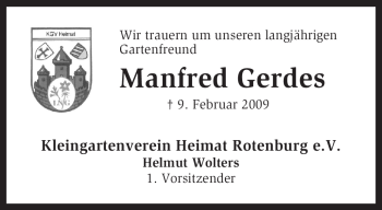 Traueranzeige von Manfred Gerdes von KREISZEITUNG SYKE