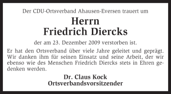 Traueranzeige von Friedrich Diercks von KREISZEITUNG SYKE