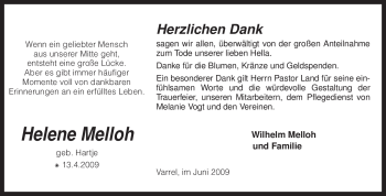 Traueranzeige von Helene Melloh von KREISZEITUNG SYKE