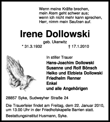 Traueranzeige von Irene Dollowski von KREISZEITUNG SYKE