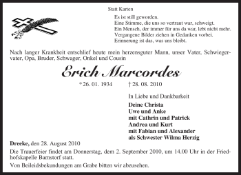 Traueranzeige von Erich Marcordes von KREISZEITUNG SYKE