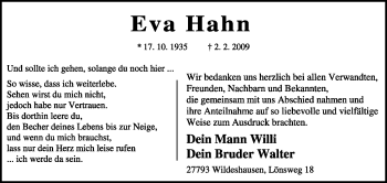 Traueranzeige von Eva Hahn von KREISZEITUNG SYKE