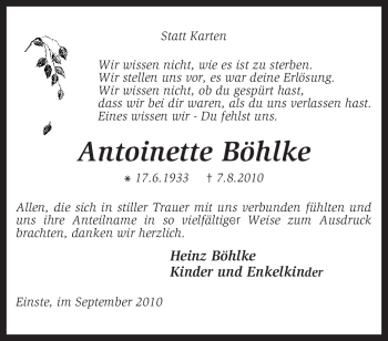 Traueranzeige von Antoinette Böhlke von KREISZEITUNG SYKE